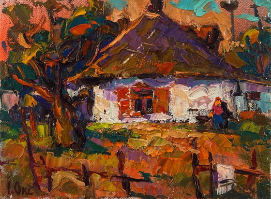 Original Oil Painting Sunset Village Landscape Evening in the Yard – Paintings & Drawings, Canvas (photo 3 of 8)