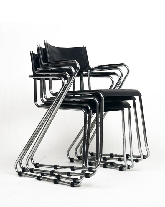 Image 1 of Vintage cantilever fauteuils, set van 4, zwart leer en chroom, jaren 70