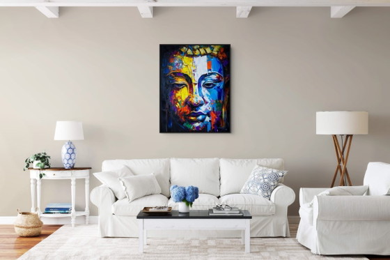 Image 1 of Uniek handgeschilderd Boeddha schilderij “Golden Balance” – Seksak Jaichumchen – 80×100 cm