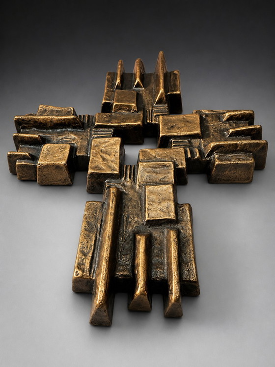 Image 1 of Brutalist Cubist Bronze Wall Cross | Geometric Modernist Sculpture | 1970s