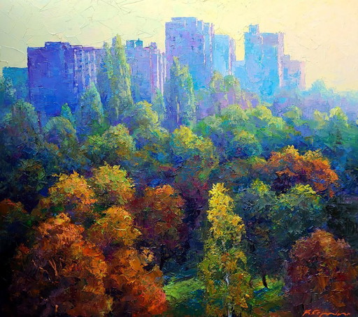 Origineel olieverfschilderij Stadsgezicht Natuurpark Ochtend in de stad