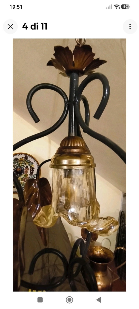 Vintage Wrought Iron Chandelier with Metal and Glass Leaves, Rustic Suspension – Pendant lamps (photo 4 of 11)