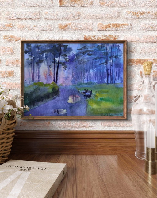Original Watercolor Painting Cityscape Park Morning After Rain – schilderijen tekeningen, Paper (photo 2 of 7)