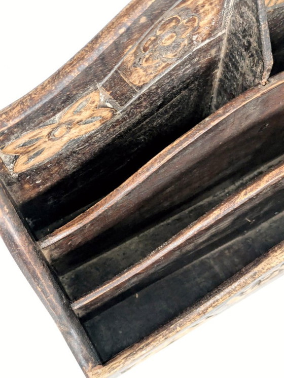 Image 1 of Vintage Hand Carved Walnut Desk Organizer Letter Holder with Botanical and Sun Motifs