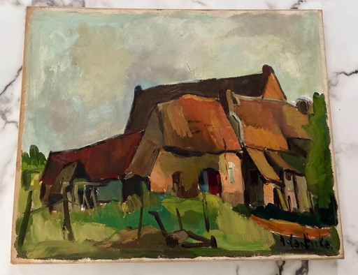 Óleo muy antiguo sobre lienzo, paisaje de Normandía.