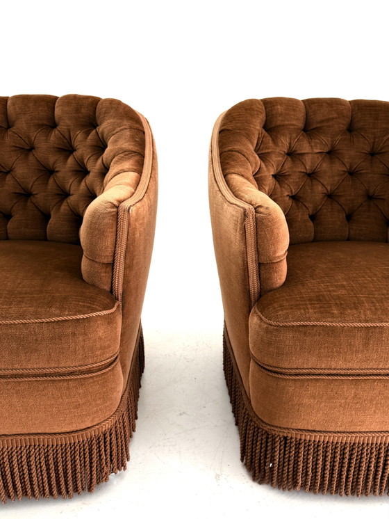 Set Van 2 Vintage Velours Fauteuil, Frankrijk ‘60 – Wood, Textile (photo 3 of 10)