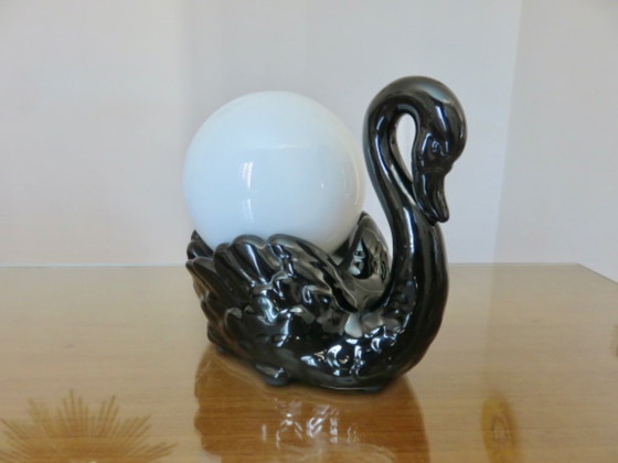 Image 1 of Black swan lamp in ceramic and opaline, black swan lamp, 1970