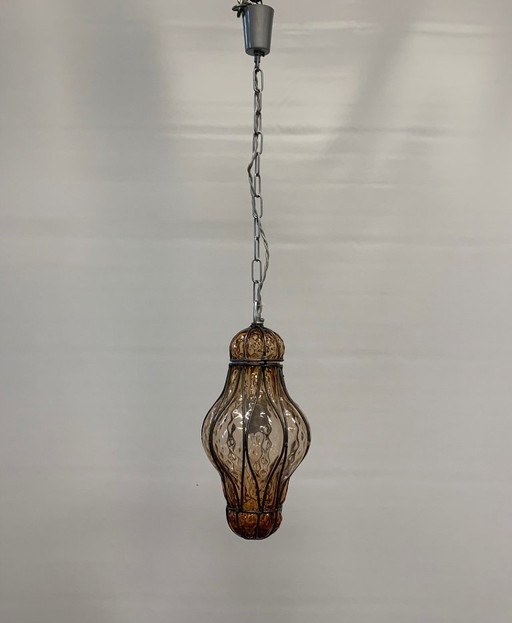 Lámpara de araña tipo farol de Murano, fabricada en Italia en 1970, color ámbar.