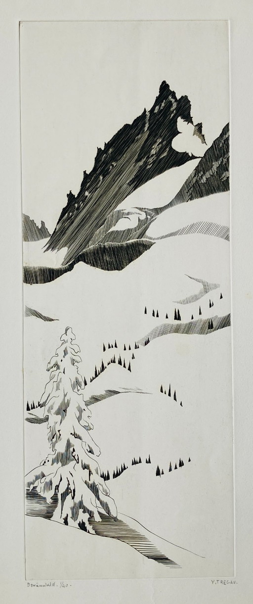 Yves Tregan - Vintage Etching - Abstract Mountain Landscape
