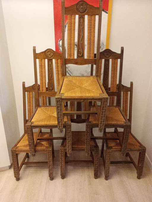 6 sedie brutaliste in rovere basco vintage