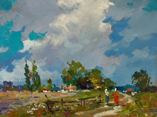 Original Oil Painting: Summer Field Landscape "Past the Outer Houses"