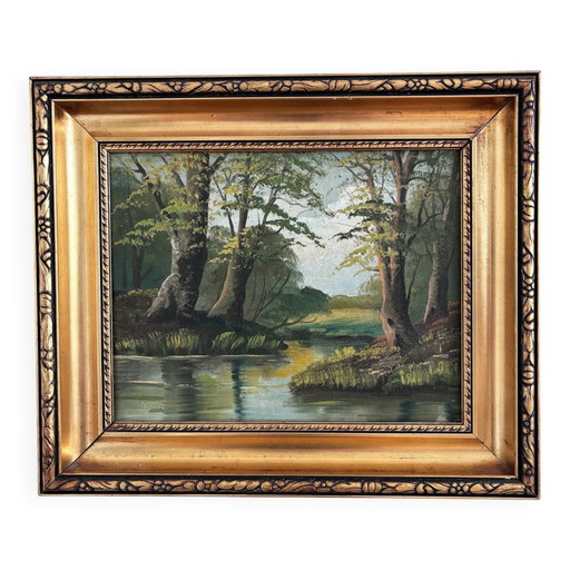 Peinture à l'huile originale vintage représentant un paysage de rivière, signée River Art