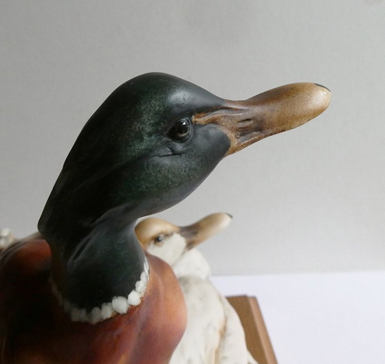 Image 1 of Figura de una pareja de ánades reales, diseñada por Giuseppe Armani, cerámica pintada a mano, base de roble.