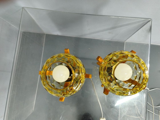 Image 1 of Pair Czech 1970s Wood and Yellow Glass Mid Century Table Lamps