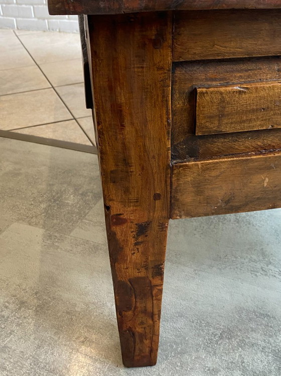 Image 1 of Rustic farmhouse coffee table in solid wood with 2 drawers, circa 1930