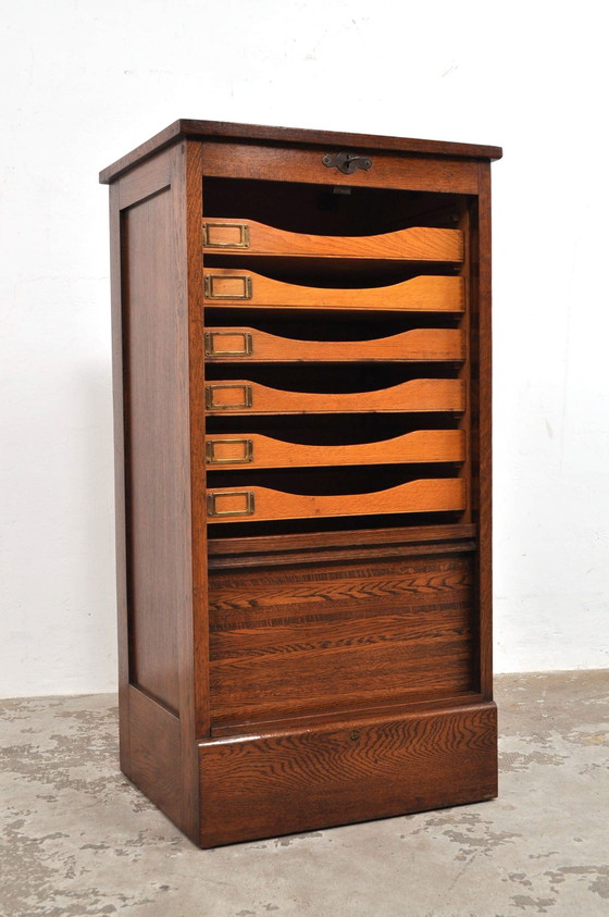 Image 1 of Vintage English Roller Door Cabinet in Oak 1930s