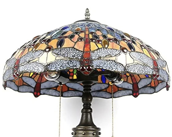 Image 1 of Tiffany table lamp with ornate base and lampshade with stained glass motifs, dragonfly series, diam. approx. 45cm and 65cm high