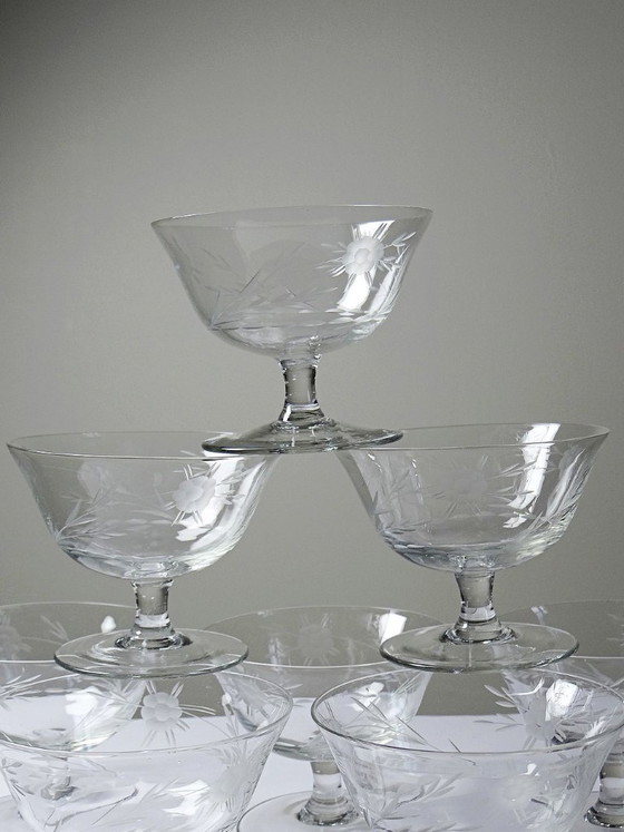 Image 1 of 8 Champagne coupes, wheel-engraved glass with vegetal decoration, Bohemia, early 20th century