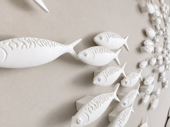 Exclusieve 3D Muurkunst 'School of Fish' – Modern & Scandinavisch Design (250 cm) – Beeldhouwkunst, Porcelain (photo 5 of 17)