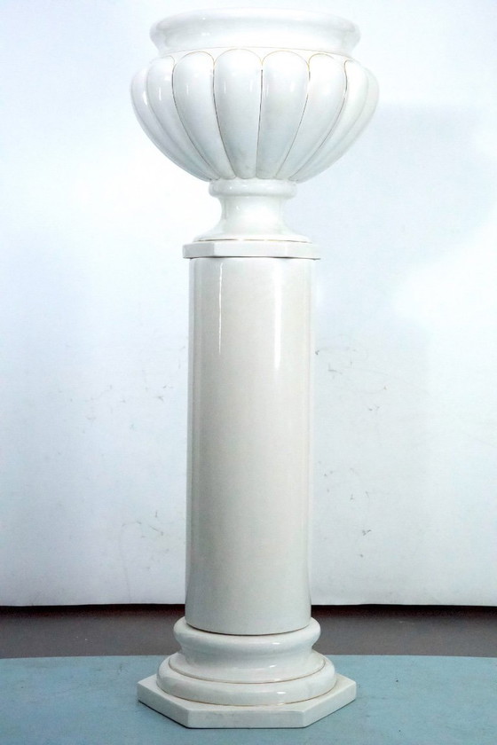 Image 1 of Tommaso Barbi Oversized White Ceramic Vase with Gold Details and Column, Italy 1970s