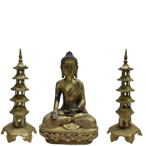 Juego de Altar Chino de Bronce con Buda de la Medicina y Torres Pagoda Gemelas - 3 Piezas