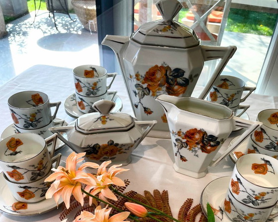 Image 1 of Vintage Eichwald theeservies voor 12 personen – Art Deco porseleinen servies – Oranje rozenpatroon