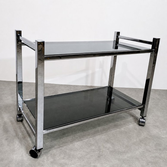 Image 1 of Vintage chromen trolley met planken van rookglas.