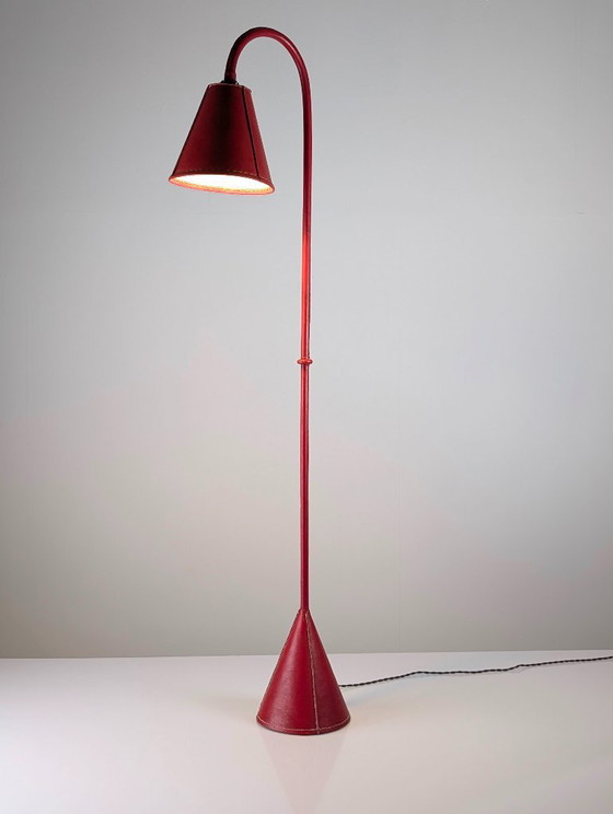 Jacques Adnet Red Leather Floor Lamp, Mid-Century Modern, France, 1960s – Lighting, Metal (photo 11 of 13)