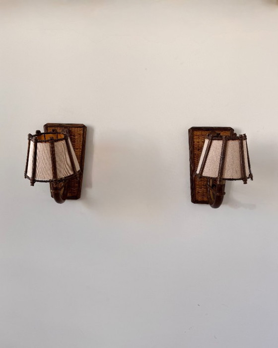 Paar vintage Wandlampen van hout en beige kap, Frankrijk 1960 – Textile (photo 6 of 7)