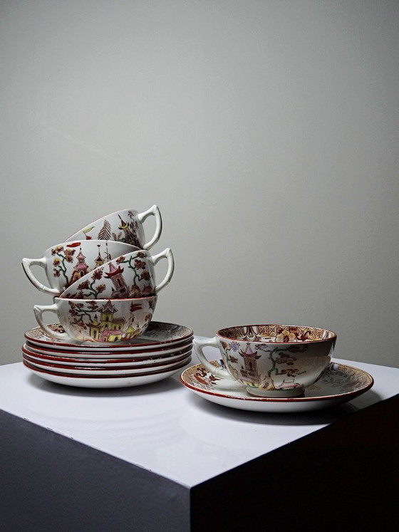 Image 1 of Sarreguemines - Kyoto - antique tea set: 5 cups and 6 Japanese-style saucers