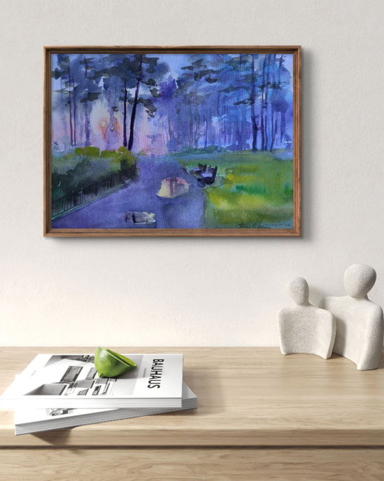 Original Watercolor Painting Cityscape Park Morning After Rain – Paintings & Drawings, Paper (photo 3 of 7)