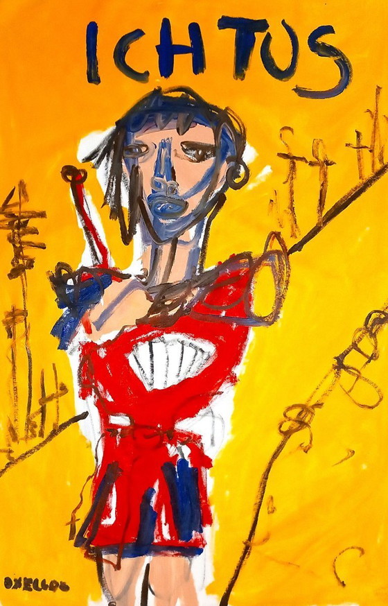 Image 1 of Monumentaal Schilderij 160x120 – "Pèlerin" van 0xec6d0 (Basquiat-stijl) COA