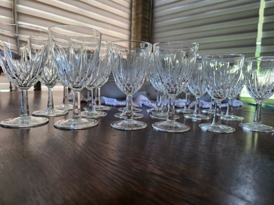 Image 1 of 18-piece set of original crystal glasses from the renowned French quality brand Cristal d'Arques, model Longchamp.