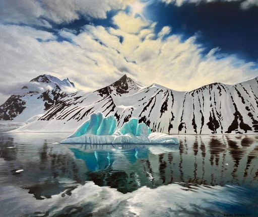 Originales Ölgemälde: Winterlandschaft mit Felsen, Insel und Eisberg im Meer – schilderijen tekeningen, Canvas