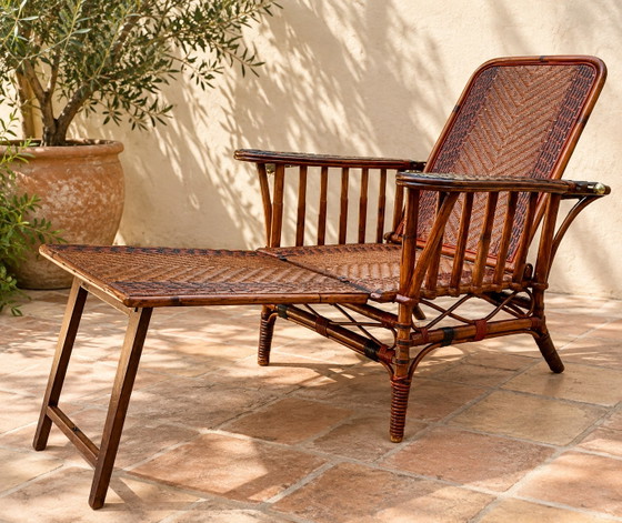 Antieke Verstelbare Rotan Chaise Longue Met Voetensteun, Vroege 20e Eeuw – Verstelbare relaxstoel, Bamboo (photo 2 of 12)