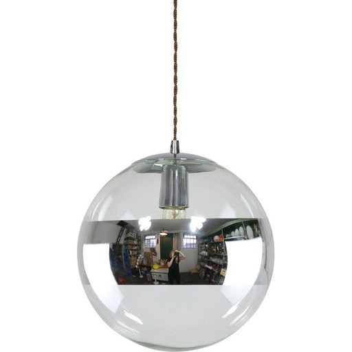 Suspension sphérique vintage en verre et chrome, Italie 1990
