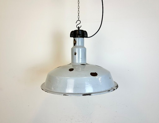 Large Industrial Midcentury Grey Enamel Factory Lamp, 1950s
