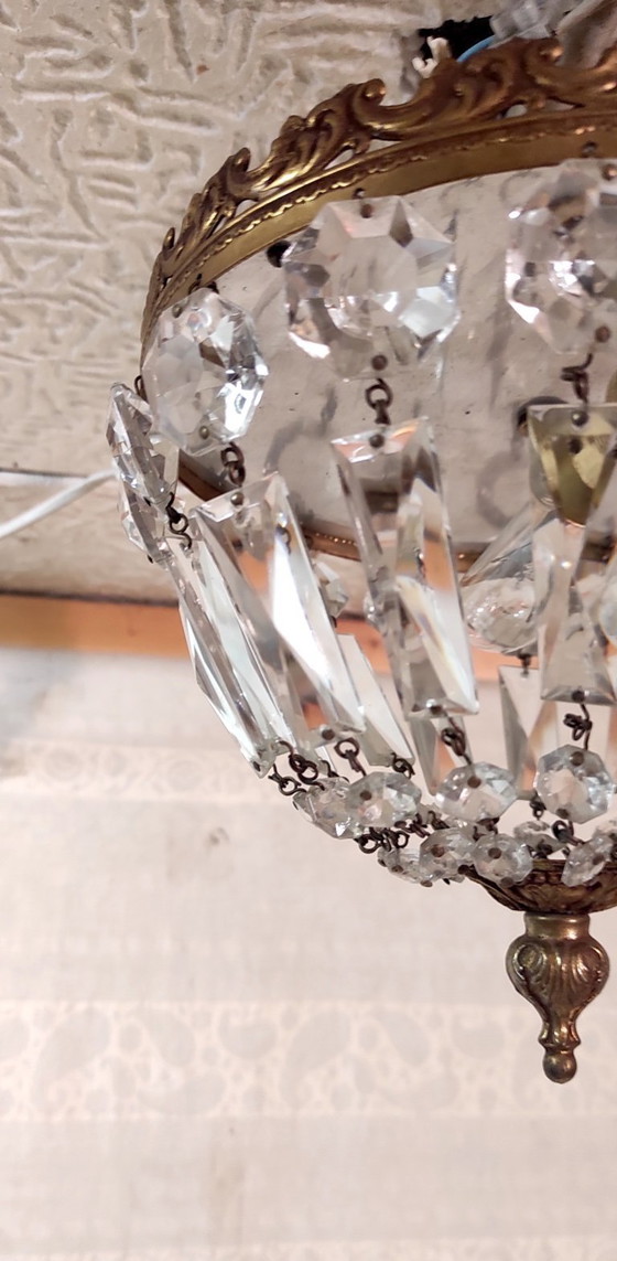 Image 1 of Lampada da soffitto in ottone con pendenti in vetro - metà del XX secolo