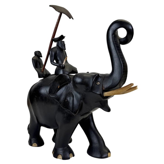 Koloniale Ebbenhouten Olifant Beeldhouwkunst met Mahout – Handgesneden Aziatische Beeldhouwkunst – 32 cm (photo 3 of 10)