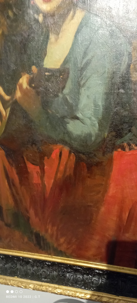 Image 1 of ANTIQUE LARGE PAINTING OF A MANDOLIN PLAYER FROM THE 19TH CENTURY