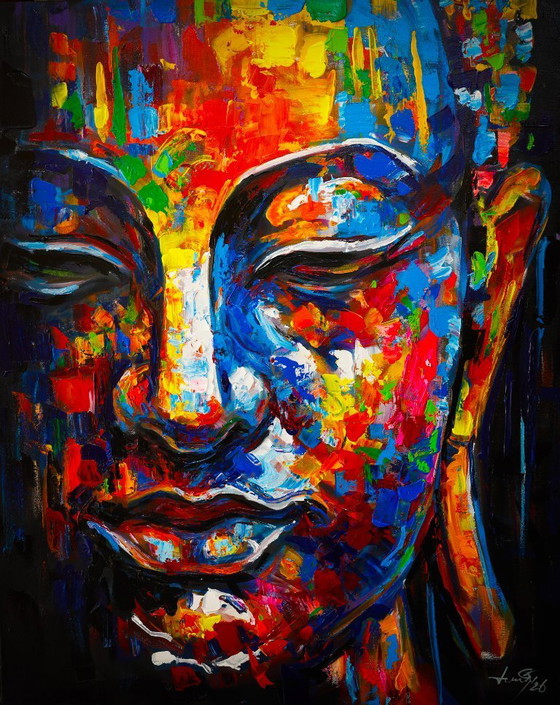 Image 1 of Unique hand-painted Buddha painting “Awakening” – Seksak Jaichumchen – 80×100 cm