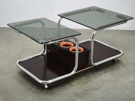 Rare desserte Space Age des années 70 en chrome, verre fumé et bois