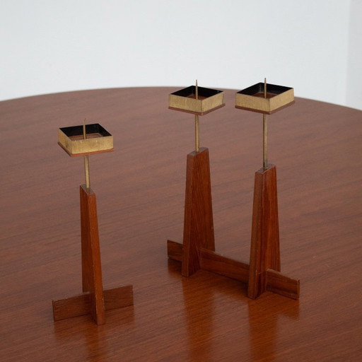 Scandinavian Candle Holders in Teak and Brass, Mid-Century Design