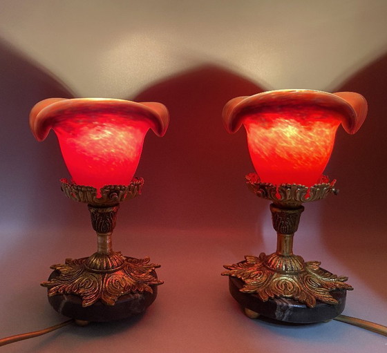 Image 1 of Set di 2 lampade da tavolo antiche in stile Art Nouveau - Vetro rosso