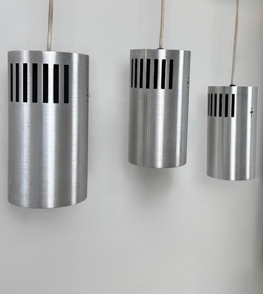 Set of 3 vintage brushed metal pendant lights, France, 1970