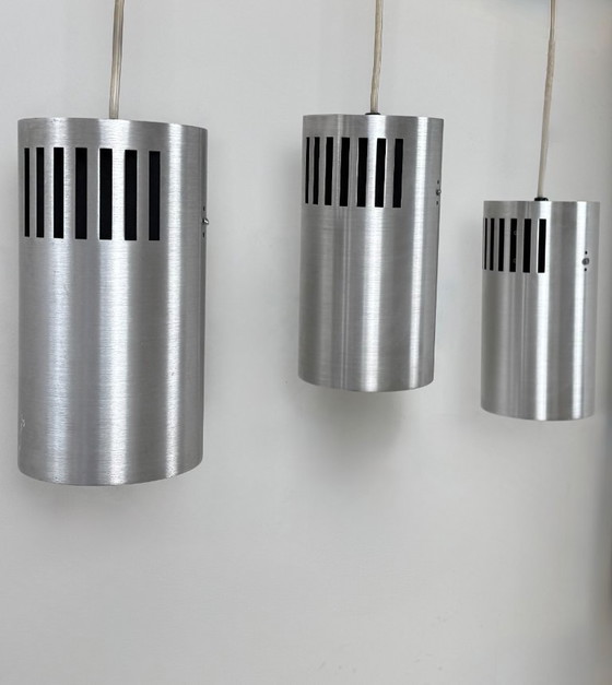 Image 1 of Set of 3 vintage brushed metal pendant lights, France, 1970