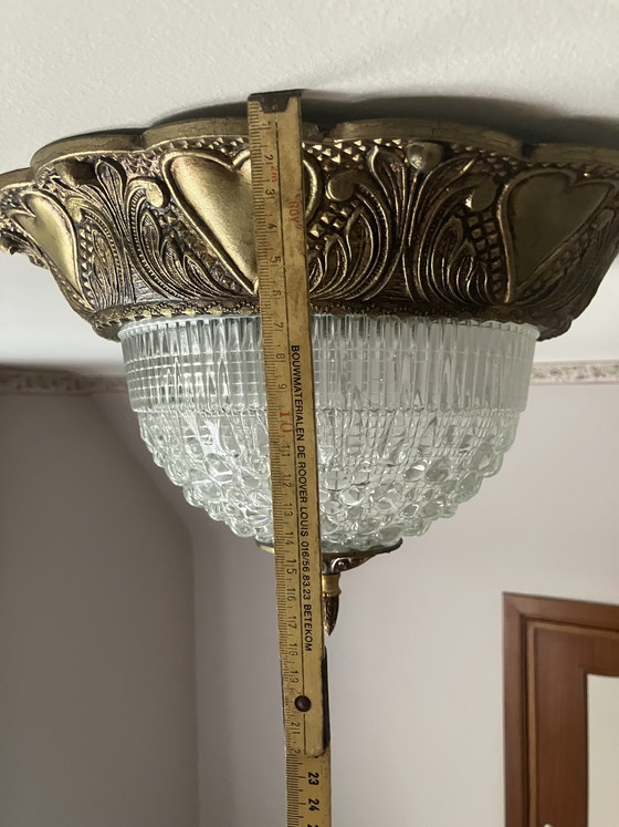 Image 1 of Vintage Art Deco Ceiling Light – Brass with Heart Motif – Crystal Glass