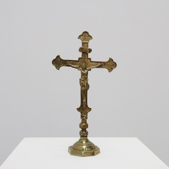 Image 1 of French Antique Catholic Alter or table Crucifix in cast copper, 1900s