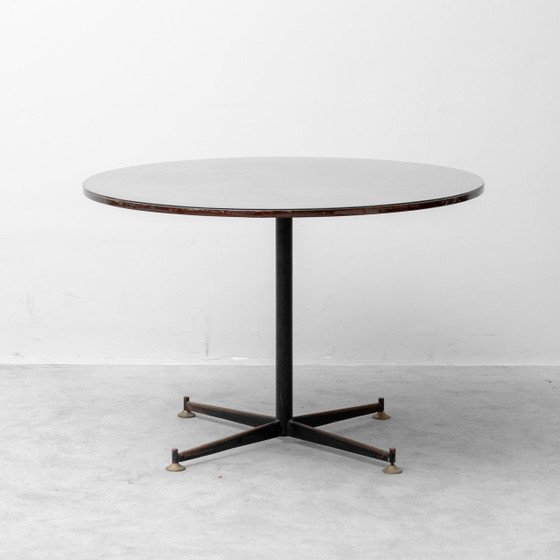 Vintage Round Table in Wood and Glass with Metal Base, 70s Modern Antiques – Conference table (photo 7 of 10)