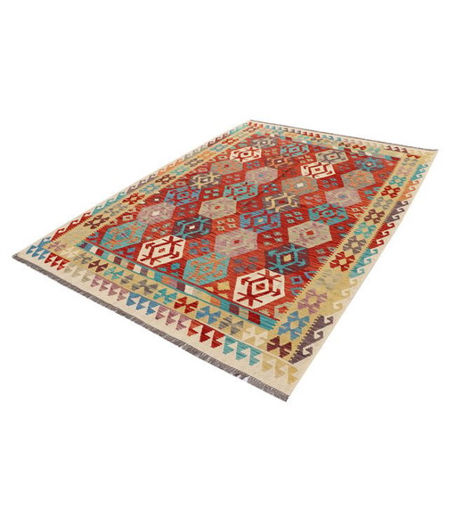 Handwoven Afghan Kilim Rug – 300x204 cm – Red Base with Hexagonal Tribal Patterns
